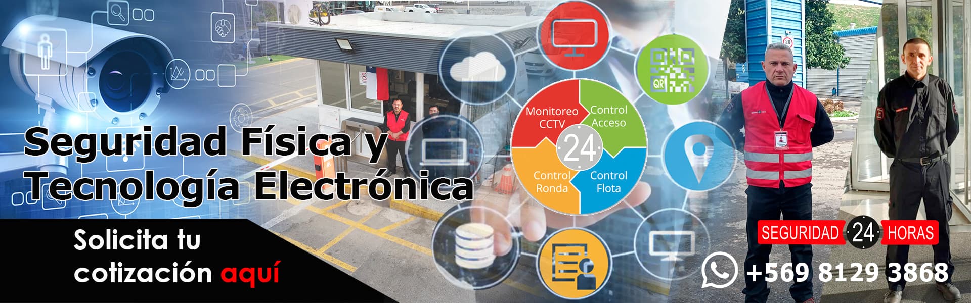Seguridad física y tecnología electrónica: guardias en control de acceso junto a la suite de monitoreo CCTV, control de acceso, flota y rondas. Solicita tu cotización.
